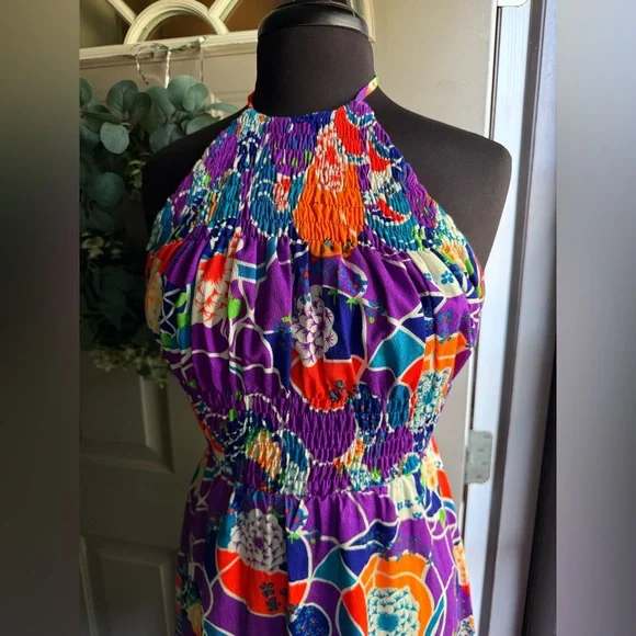 Vintage Keene Sportwear Hawaii tropical smocked halter maxi dress, size small - Picture 2 of 14